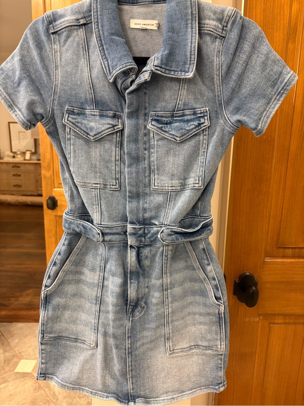 Good American Light Wash Denim Utility Dress in Faded Blue